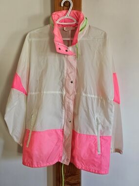 Vintage 90s Downpour Neon Pink White Windbreaker Jacket Retro Rave 24 PTP 29 L